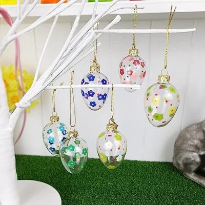 Image of 6 Pretty Flower Easter Tree Decorations 6cm Glass Gisela Graham