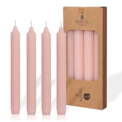 Image of COMFORDER Taper Candles Set, 4 x Table Plain + Ribbed, 20 cm, 7 Hours Burning Time (Pink)