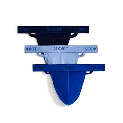 Image of 2(X)IST Men&#039;s Essential Cotton Y back Thong 3 pack Underwear, Navy/Cobalt/Porcelain, M UK