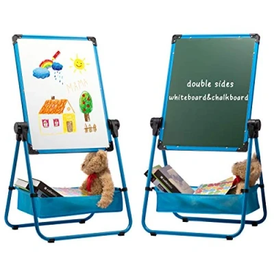 Image of DOEWORKS Kids Whiteboard &amp; Chalkboard with Stand, Double Sides Magnetic Whiteboard, Art Easel Childrens Drawing Board Complete Set, Height Adjustable 360Rotating (Blue)