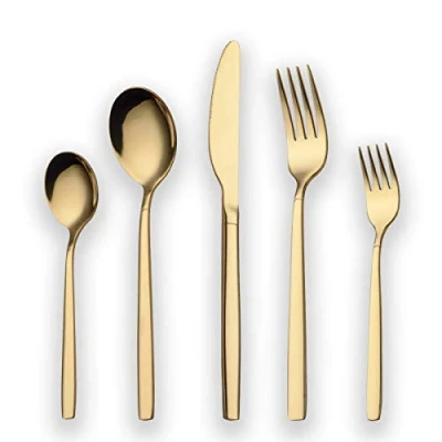 Image of Berglander 30 Piece Titanium Gold Plated Stainless Steel Cutlery Set, Pieces Golden Flatware Silverware Set Sets, Service for 6 (Shiny Gold)