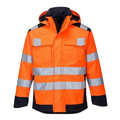 Image of Portwest MV70 Waterproof Modaflame Rain Multi Norm Arc Jacket Orange/Navy, Large