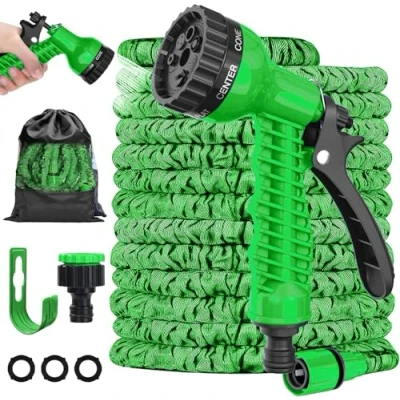 Image of LINGKY 50FT Expandable Garden Hose Pipe, Upgraded Expanding Water with 7 Function Spray Nozzle Gun, 1/2&quot;&amp; 3/4&quot; Fittings, Flexible Lightweight Anti Kink Durable (15M/50FT,Green)