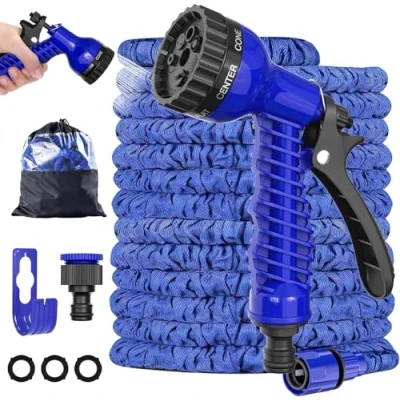 Image of LINGKY 50FT Expandable Garden Hose Pipe, Upgraded Expanding Water with 7 Function Spray Nozzle Gun, 1/2&quot; &amp; 3/4&quot; Fittings, Flexible Lightweight Anti Kink Durable (15M/50FT,Blue)