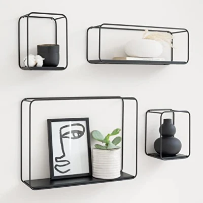 Image of Kazai. Wall Shelves Jona 4 Part Shelving Unit made of Metal and Real Wood Veneer Decor, Storage Book Shelf for Bathroom, Living Room, Kitchen, Bedroom More Oak, black