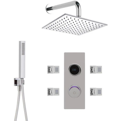 Image of Milano Vis Digital Thermostatic Mixer Shower Valve with 300mm Wall Mounted Square Fixed Rainfall Head Hand Handset and Body Jets
