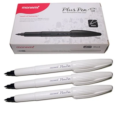 Image of Monami Plus Pen S Water based Felt Tip, Fine Liner White Body Black Pack of 12