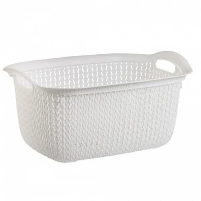 Image of Plastic Laundry Basket Clothes Washing Bin Storage Knitted Hamper Organiser (White, Rectangular)