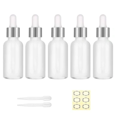 Image of Apstaqeoo 5Pcs 30ML Frosted Clear Glass Dropper Bottles with Pipette, Empty Sample Bottle Refillable Tincture Silver Cap, Label, for Perfume Essential Oils Aromatherapy