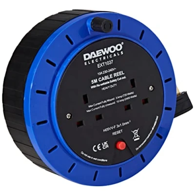 Image of Daewoo Extension Reel, 2 Way Socket with 5 Metre Cable, Heavy Duty Resettable Safety Cut Out, Cassette Black and Blue