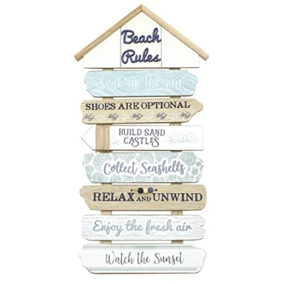 Image of Carousel Home and Gifts 50.5 cm Beach Rules Wooden Sign Nautical Decor Wall Art Decorative Coastal Mounted Hut Plaque