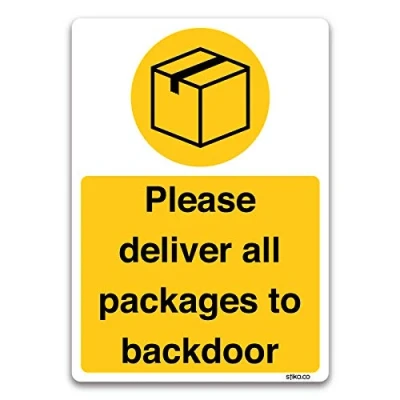 Image of Please deliver all packages to backdoor Sign, A6 self adhesive vinyl sticker, Postman, Couriers, Delivery Door notice
