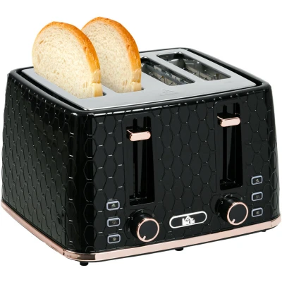 Image of HOMCOM 4 Slice Toaster with 7 Browning Levels, High Lift, Reheat/Defrost/Cancel, Self centring Function, Removable Crumb Tray, Auto Off, 1600W, Black Honeycomb Texture