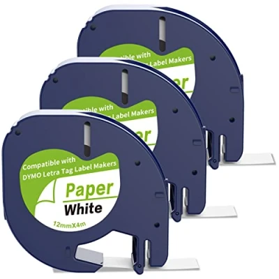 Image of 3 x Label Tape Compatible with Dymo Letratag 12mm 4m Label, Black Printing on White Labeling Paper Works for XR LT 100H / Makers