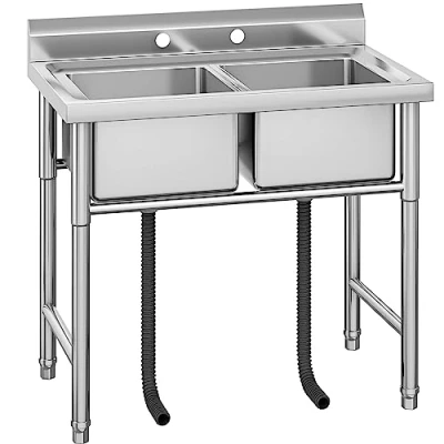 Image of YITAHOME Kitchen Sink, Commercial Restaurant Sink Portable Floorstanding Catering Stainless Steel Outdoor Double Bowl Station Utility for Hotel Home Bar Laundry Room Basement Garage