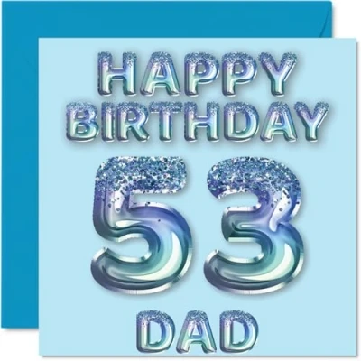 Image of 53rd Birthday Card for Dad Blue Glitter Party Balloons Happy Cards 53 Year Old Father from Son Daughter, 145mm x Bday Greeting Gift