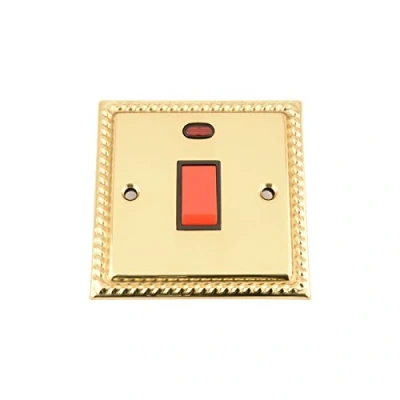 Image of Cooker Oven Switch w/Neon 45 Amp Polished Mirror Brass Georgian Black Insert
