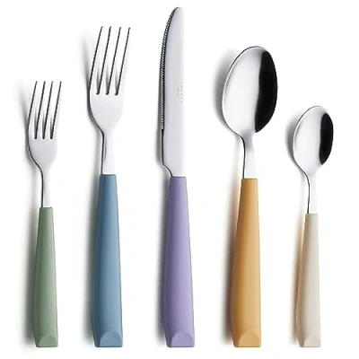 Image of Annova Stainless Steel Cutlery Set with Color Handles Dinner Forks, Salad Table Knives, Tablespoons, Teaspoons Service for 4 (Morandi Mix)