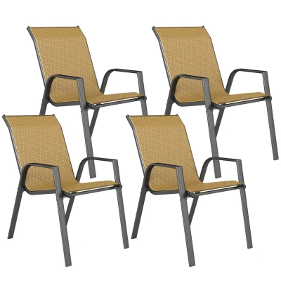 Image of Outsunny Stackable Outdoor Chairs Set of 4, Rattan Garden with Armrests and Backrest for Deck, Khaki