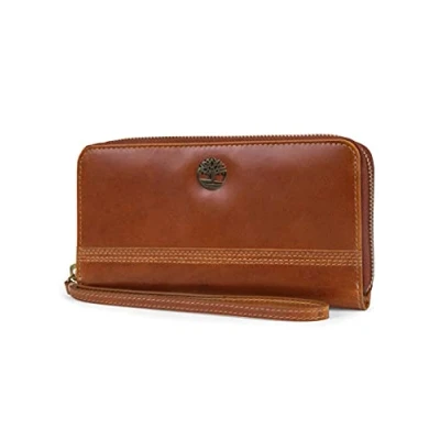 Image of Timberland Women&#039;s Leather RFID Zip Around Wallet Clutch with Wristlet Strap, Cognac (Buff Apache), One Size