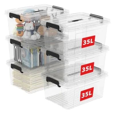 Image of Cetomo 35L*6 Storage Boxes, Carry Plastic Box with Lids, Organizing Container Handle and Secure Latching Buckles, Stackable, Nestable, Tote Bin for Home Office Clothes, 35L 6Pack, Clear