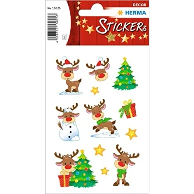 Image of HERMA 15625 Christmas Stickers, Little Rudolph (24 Paper, Glitter) Self Adhesive Decoration, Permanent Labels for Christmas, Gifts, Crafts, Advent Calendar, Colourful