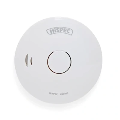Image of Hispec Battery Operated Smoke Detector, 10 Year Sealed Lithium Battery, Hush Feature, 85dB Alarm, Low Warning, Power/Alarm Test Button, Wall Plugs &amp; Screws Included