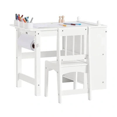 Image of SoBuy KMB60 W, Children Desk and Chair Set, Art Table with Storage Shelves, Paper Roll Holder Pen Slots, Kids Set for Drawing, Studying