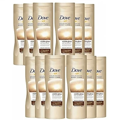 Image of 12 Pack Dove Visible Glow Self Tan Lotion Medium to Dark for Gradual Skin Tone, 400ml