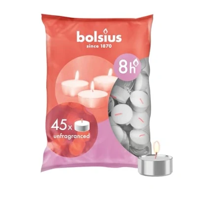 Image of Bolsius Tealight Candles White Pack of 45 Long Burning Time 8 Hours Household Candle Interior Decoration Unscented No Drip Smokeless Includes Natural Vegan Wax Palm Oil