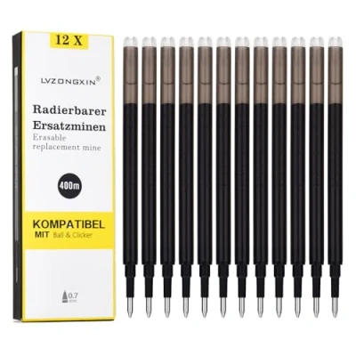 Image of LVZONGXIN Refills 12 Pack, Compatible with Pilot FriXion，0.7 mm Erasable Rollerball Pen, 400 m Writing Length, Replaceable Refill (Black, 1)