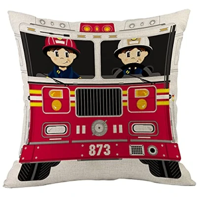 Image of CANSEGO Fireman And Fire Engine Pillow Covers Cases Cartoon Firefighter Helmet Red Truck Throw Cushion Cotton Linen 18x18 Inch Home Decor Couch Desk Bedroom