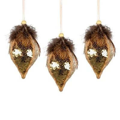 Image of 3Pcs Gold Sequin Teardrop Bauble 14cm Christmas Tree Hanging Decorations Festive Decorative Ornaments Fairy Tale Themed Xmas Pendant