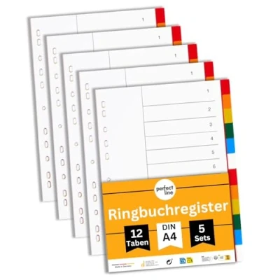 Image of perfect line Plastic File dividers A4, Folder for Lever Arch Files, 12 Piece, Set of 5, PP Synthetic, Made in Germany