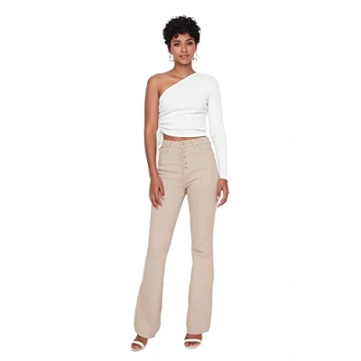 Image of Trendyol Women High Waist Wide Leg Flare Jeans Ecru