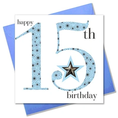 Image of Claire Giles Ages Age 15 Boy Birthday Card, AGE15B,Blue,150mm x 150mm
