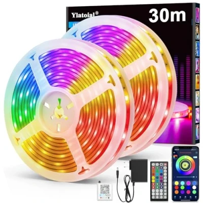 Image of Ylatoial LED Lights 30m, RGB Strip Light with Smart App Control Remote, Music Sync Colour Changing Cuttable Tape for Home, Bedroom, Kitchen Cabinet Decor, Gaming Setup (2x15m)