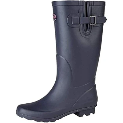 Image of Onlineshoe Flat Wide Calf Wellie Wellington Festival Rain Boots Assorted Colours 4 Navy/Red