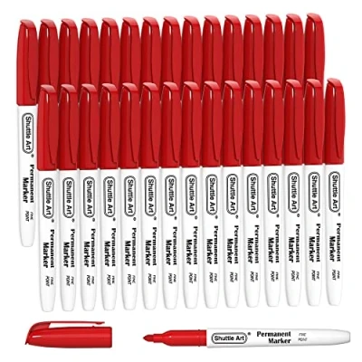 Image of Shuttle Art Red Permanent Markers, 30 Pack Fine Point Ink Marker Pens, Works on Plastic, Wood, Stone, Metal and Glass for Doodling, Colouring, Marking Office School Supplies