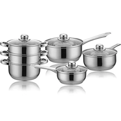 Image of 6 Pcs Steamer &amp; Saucepan Cookware Set with Lids Handles Stainless Steel Sauce Pan Pot Prima Kitchen Home Cook, 3 Tier Steamer, Casserole, Chef Healthy Veg Cooking Housewarming Gifts UK Free P&amp;P