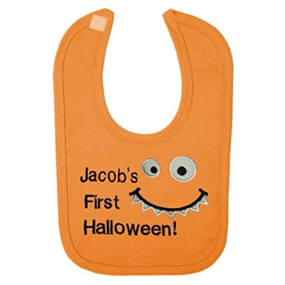 Image of Baby 1st Monster Face Personalised Applique Halloween Bib. (Orange)