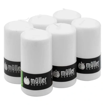 Image of Müller Tall Pillar Candles Set of 6 Unscented White in Bulk 6,8 x 13,5 Cm 40 Hours Long Burning Decorative Dripless Wax Smokeless Wick RAL Quality Made Germany