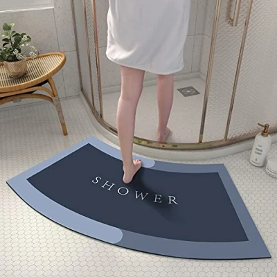 Image of MOTT 50 Curved Shower Mat for Quadrant Stall,Absorbent Diatom Mud Quick Drying Non slip Bath Mat,Semi Circular Bathroom Foot Round Showers, Dark Blue