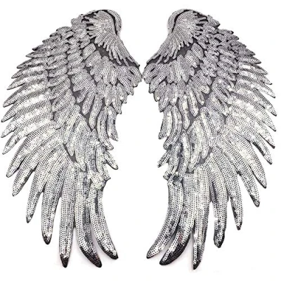 Image of 1 Pair Sequin Wing Appliques,Large Glitter Patches, Angel Wings Patch Embroidered Motif Trim for Clothing Iron On Sew DIY Design Embellishments (Silver)