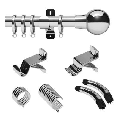 Image of Swish Design Studio 28mm Bay Window Curtain Pole set Kit 5M, 500cm, Chrome Mondiale Finial