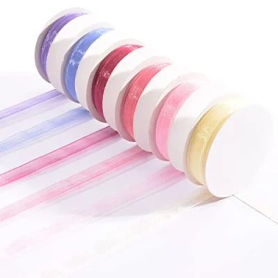 Image of Vaessen Creative Organza Ribbon Set, Pink, A Mix of 6 Colours, 6mm x 2m, Woven Edge Trimming for Card Making, Scrapbooks, Wrap, Newborn Baby Girl Gifts, Christening Presents and More, Cardboard