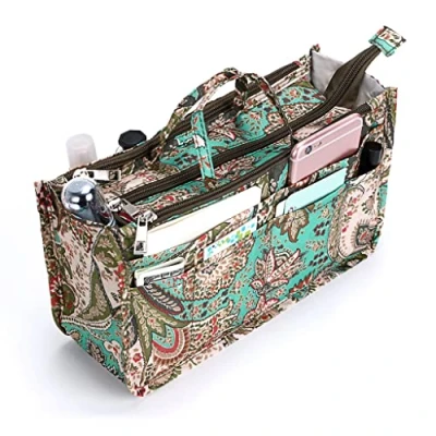Image of IGNPION Printed Insert Handbag Purse Organiser 13 Pockets Expandable Liner Bag Pouch Zipper Closure Tote Diaper with Handle (29x 16x 9cm) (Peacock Flower)