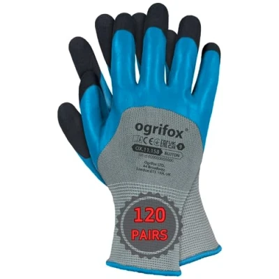 Image of Ogrifox OX BLUTON Latex Gloves, Protective Work Gardening Gloves Ox.11.158, Grey Blue Black, Size 7, 120 pairs