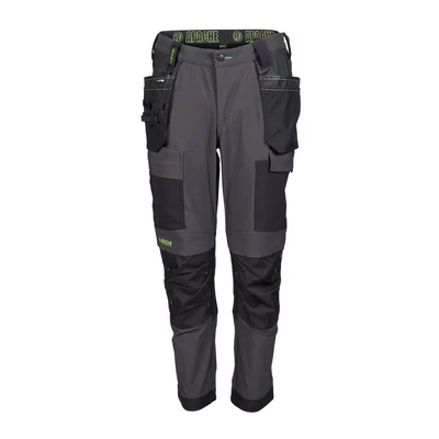 Image of Apache Mens Work Trousers Calgary Slim Fit Black and Grey UK Size 28W 29L 4 Way Stretch Fabric Cordura Holster Pockets All Day Comfort