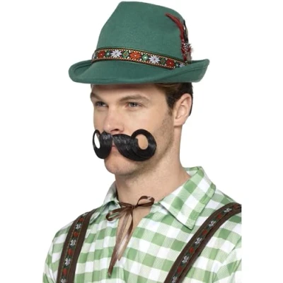 Image of Smiffys Deluxe Alpine Trenker Hat, Green with Feathers &amp; Elastic Inner Rim, Oktoberfest Fancy Dress, Adult Dress Up Hats